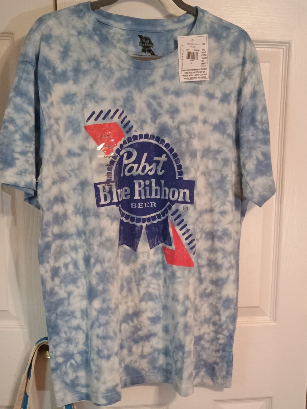 PABST BLUE RIBBON NWT Blue & White Tie Dye Beer Logo Graphic Tee Shirt L